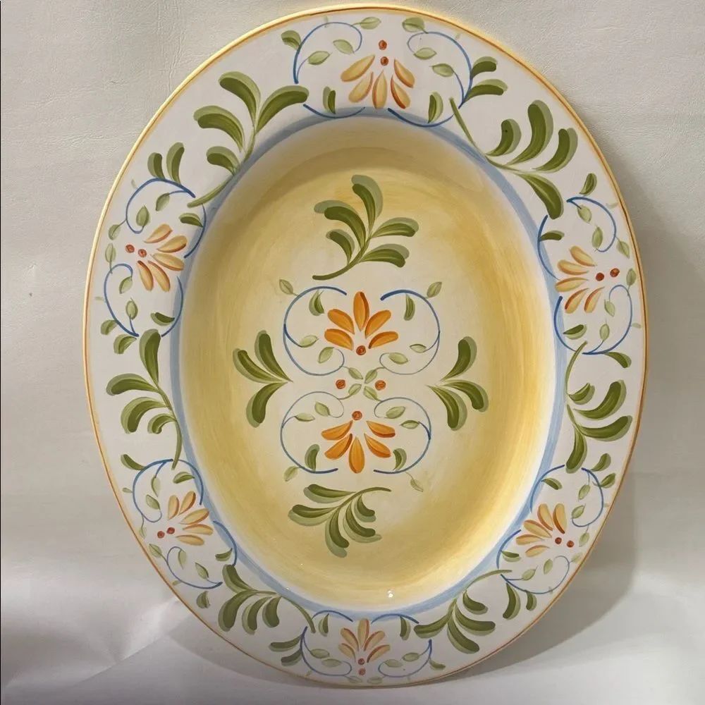 The Cellar Macy’s Handpaint Artisan Floral Oval Platter Green Orange 18 3/4 X 15